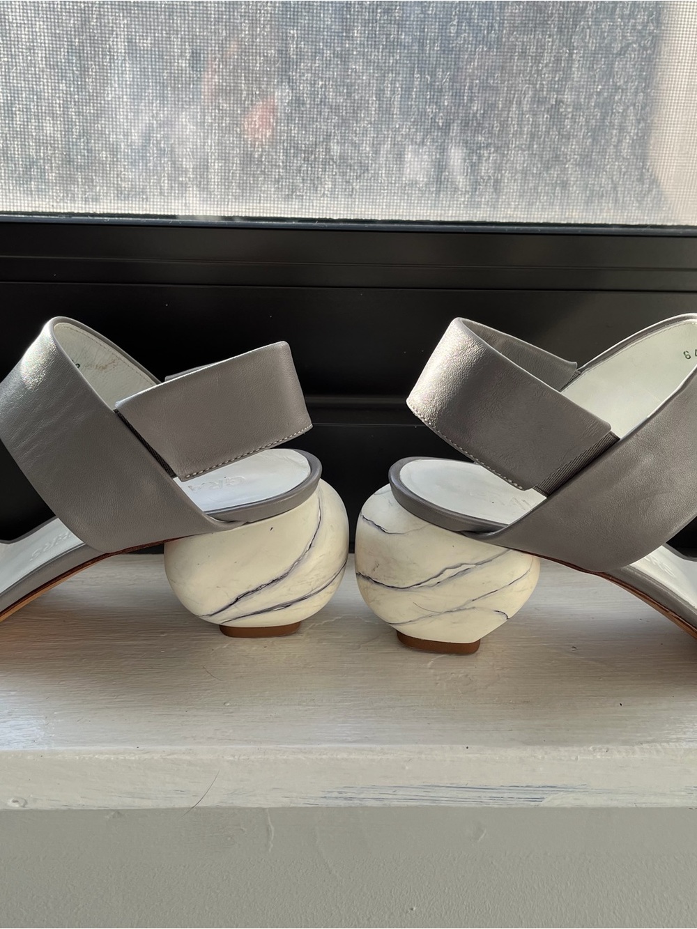 Gray Matters Gray Leather Mules with Sculpted Marble Ball Heel